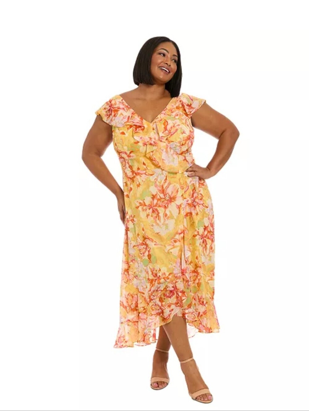 London Times NWT Yellow Floral Ruffle Maxi Dress Size 18W Plus Cocktail $109
